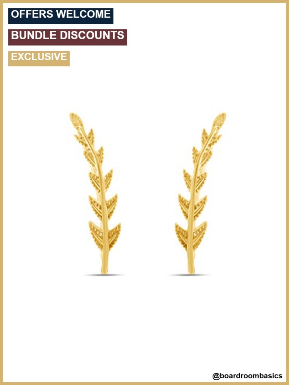 14k Yellow Gold Over Sterling Silver Olive Leaf Ear Crawler Cuff Earrings